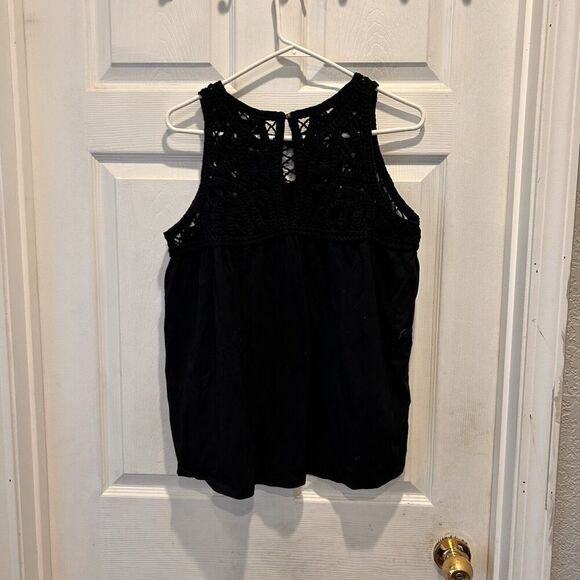 Time and Tru Crochet Yoke‎ Sleeveless Top Black Cotton Modal Size Large Boho - Picture 5 of 7